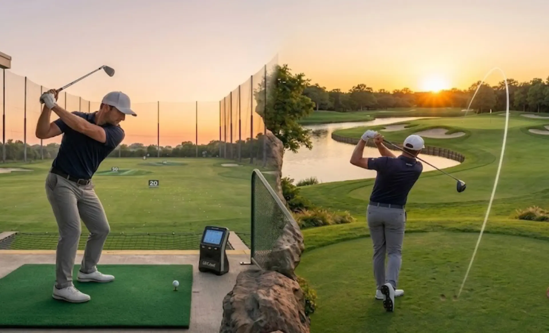 Golfer practicing on a driving range beside the same golfer hitting a tee shot on a golf course at sunset in Texas