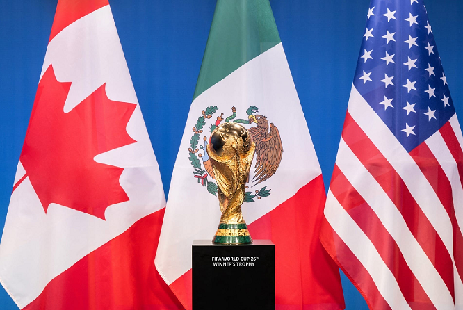 FIFA World Cup 26 trophy with Canada, Mexico, and USA flags, a metaphor for defensive golf course management