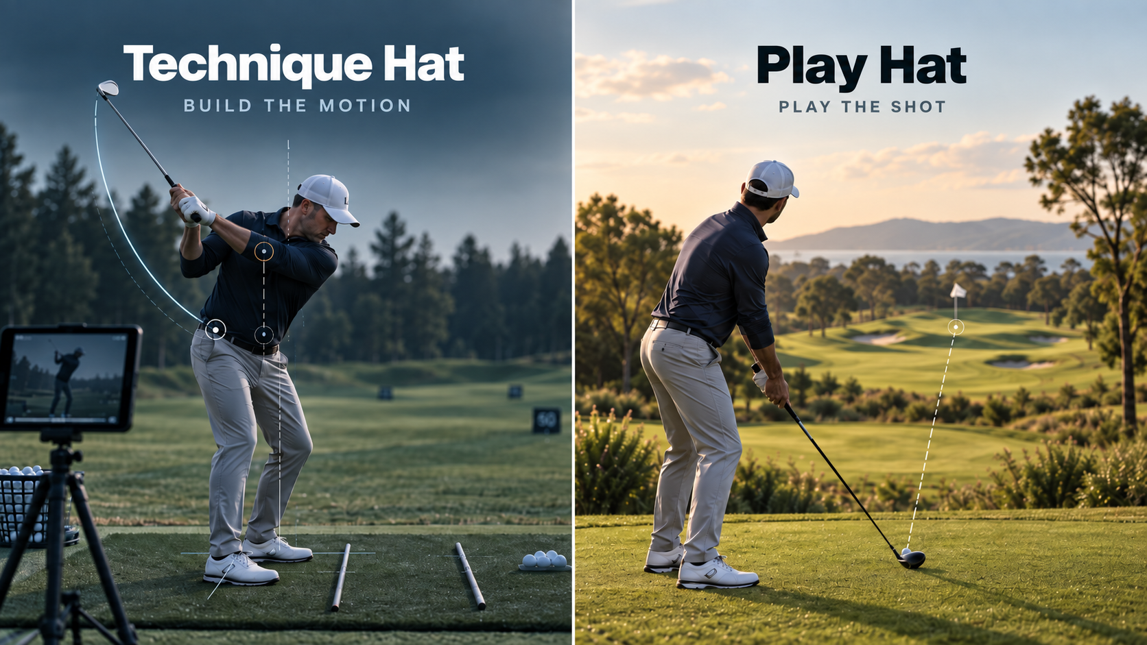 Golfer comparing technique practice on the range with target-focused play on the golf course
