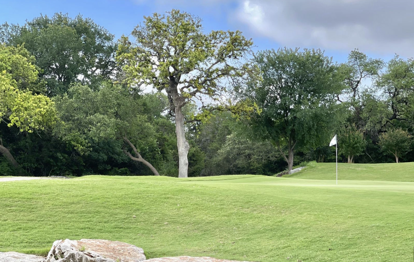 Public golf course green with white flag, mature oak tree, and Hill Country tree line in Austin, Texas