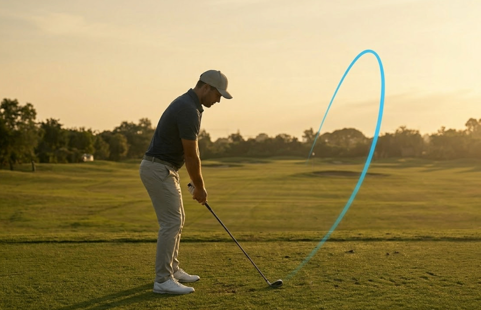 Golfer on fairway aiming at distant target with controlled fade ball-flight trail