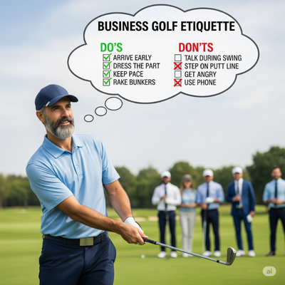 Business golfer demonstrating proper golf etiquette on the course