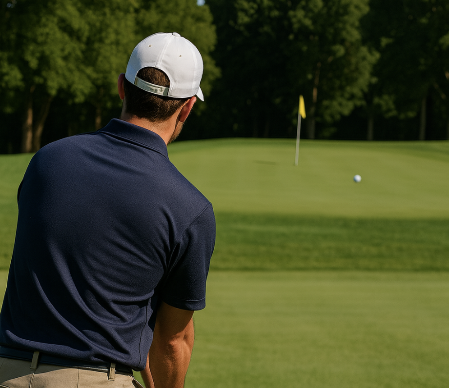 Golfer chipping with intention showing ball strike and trajectory control