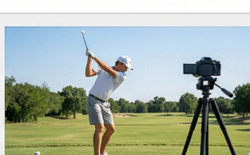 Golfer filmed on tripod while hitting an iron