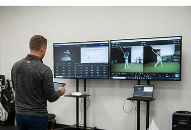 Golf coach reviewing launch monitor and motion capture data during a Game Evaluation in Austin