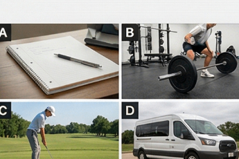 College golfer lifestyle collage including class, gym, and practice
