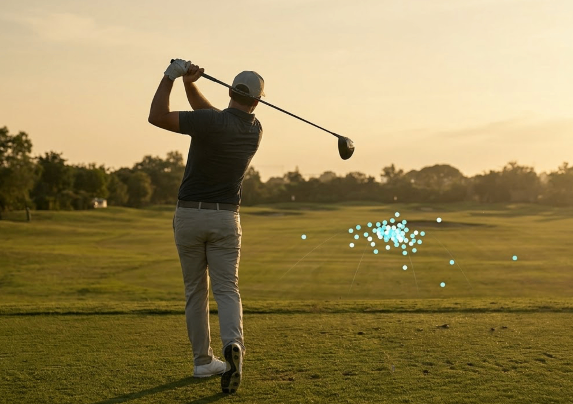 Golfer finishing driver swing at golden hour with shot dispersion pattern overlay on fairway