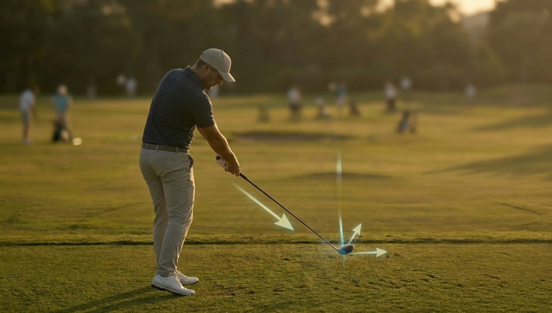 Golfer mid-swing with subtle overlay arrows indicating club path direction and clubface angle