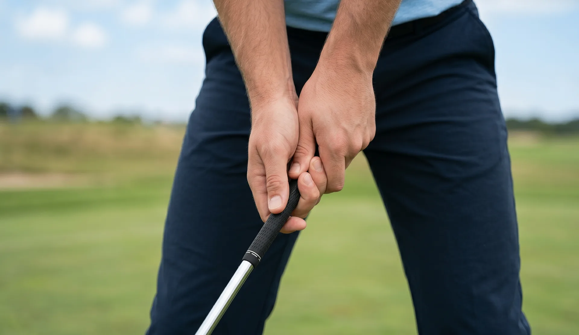 Elite golf grip showing lead and trail hand pressure points for clubface control