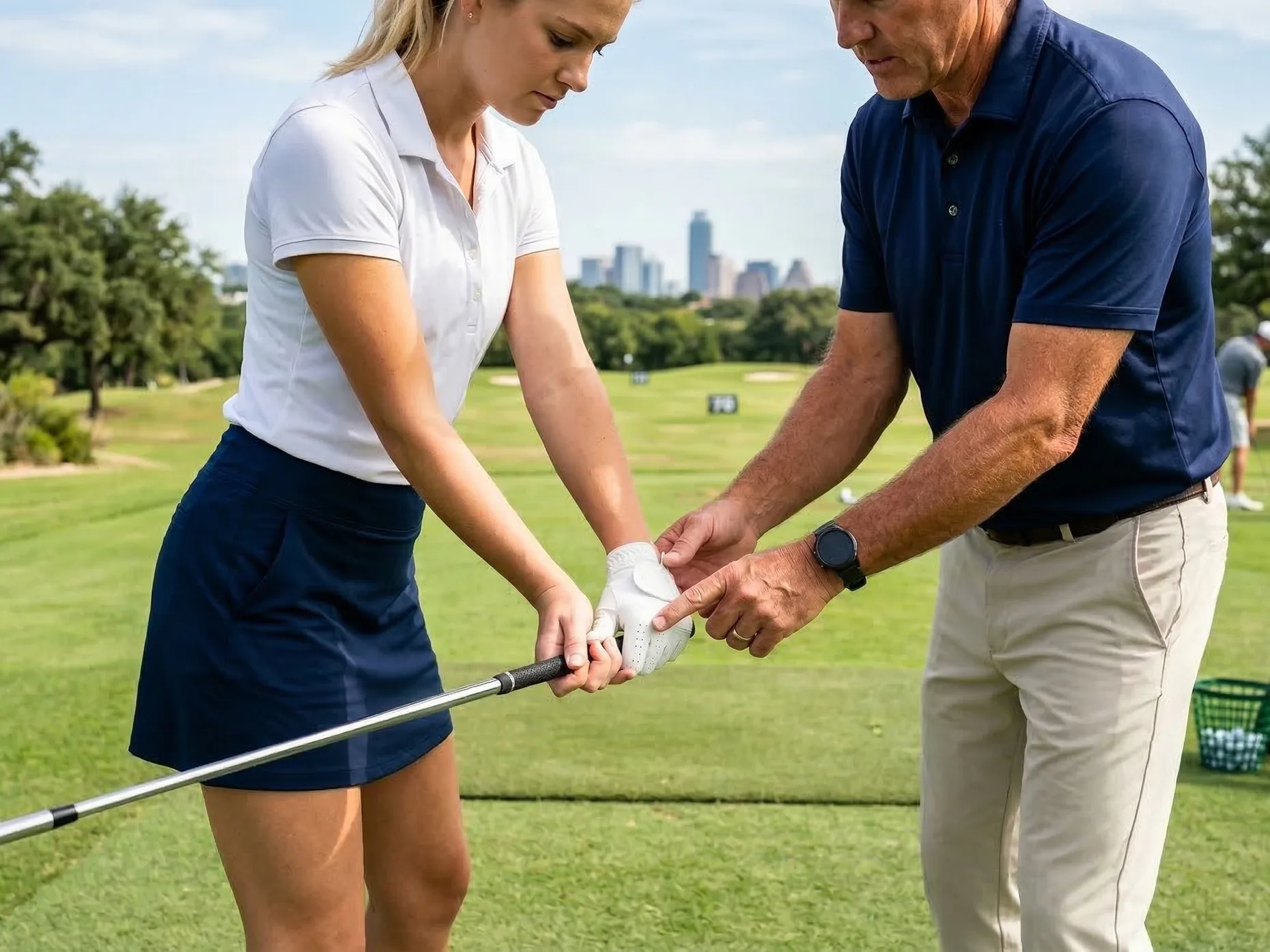 Close-up of proper golf grip for beginners showing knuckle alignment