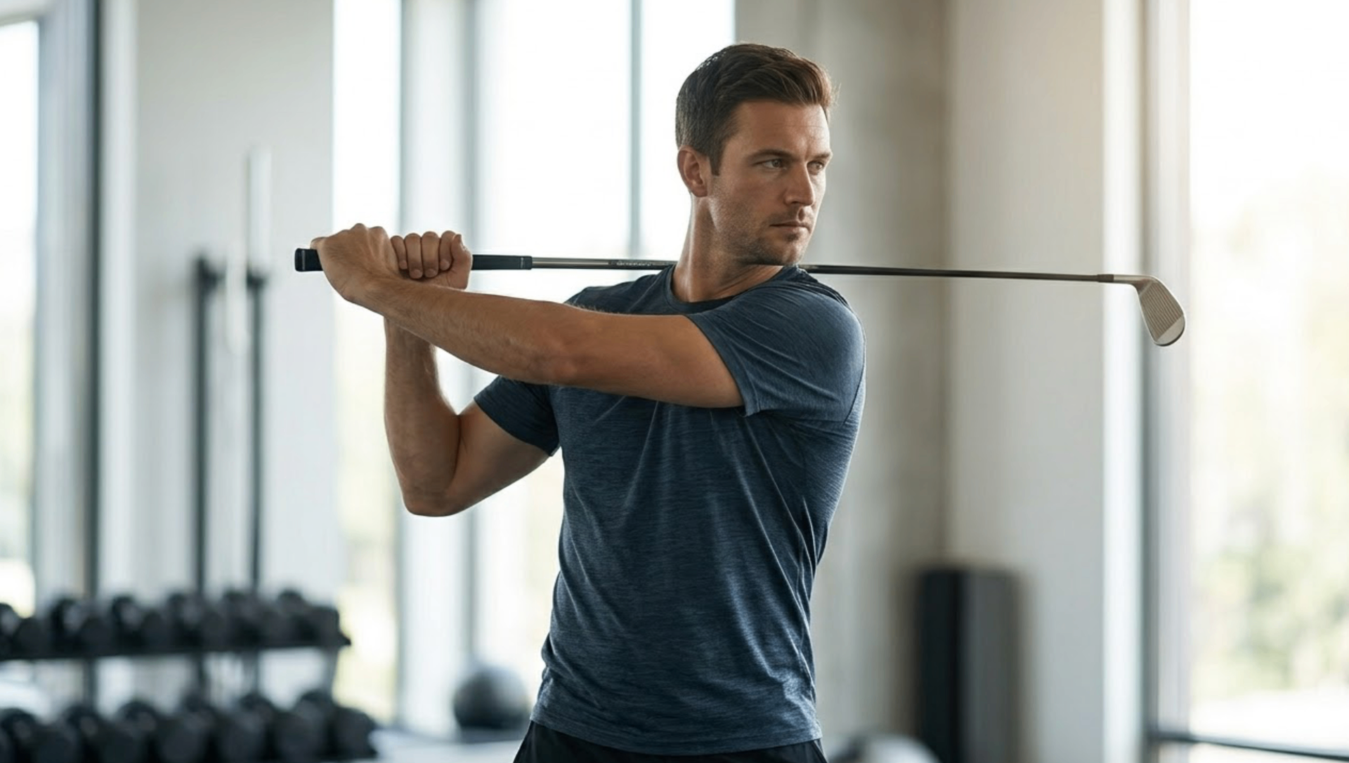 Athlete performing thoracic rotation stretch with club across shoulders in gym setting