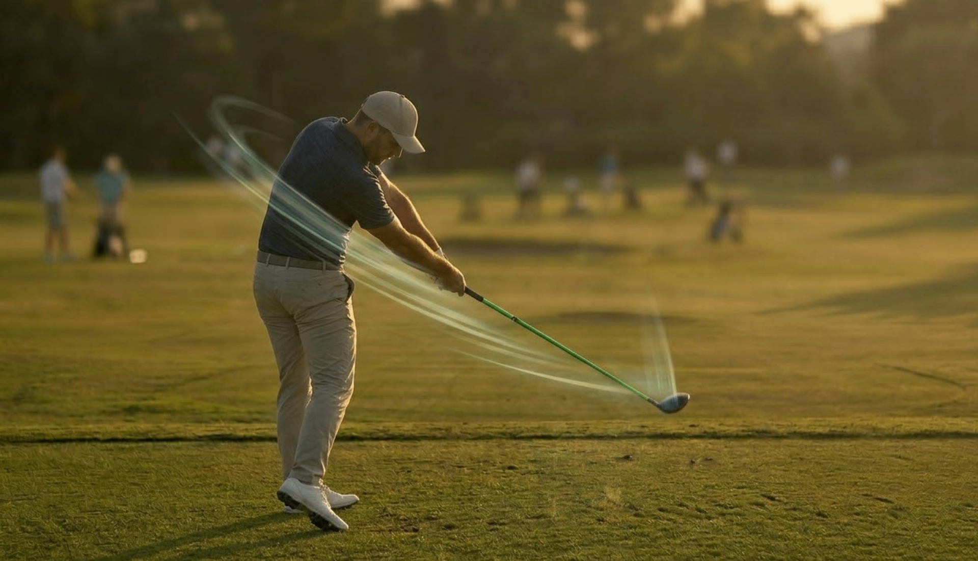 Dynamic golf speed training scene with athlete swinging speed stick and motion blur trails