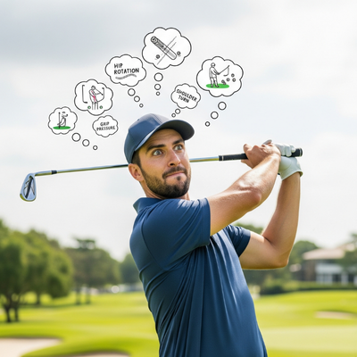Golfer overthinking swing mechanics showing mental overload pattern