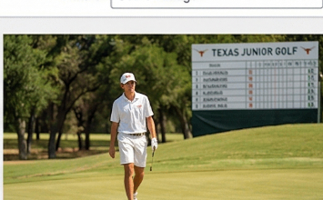 Junior golfer in Austin, Texas at a tournament with scoreboard in the background