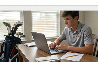 Junior golfer writing a recruiting email on a laptop