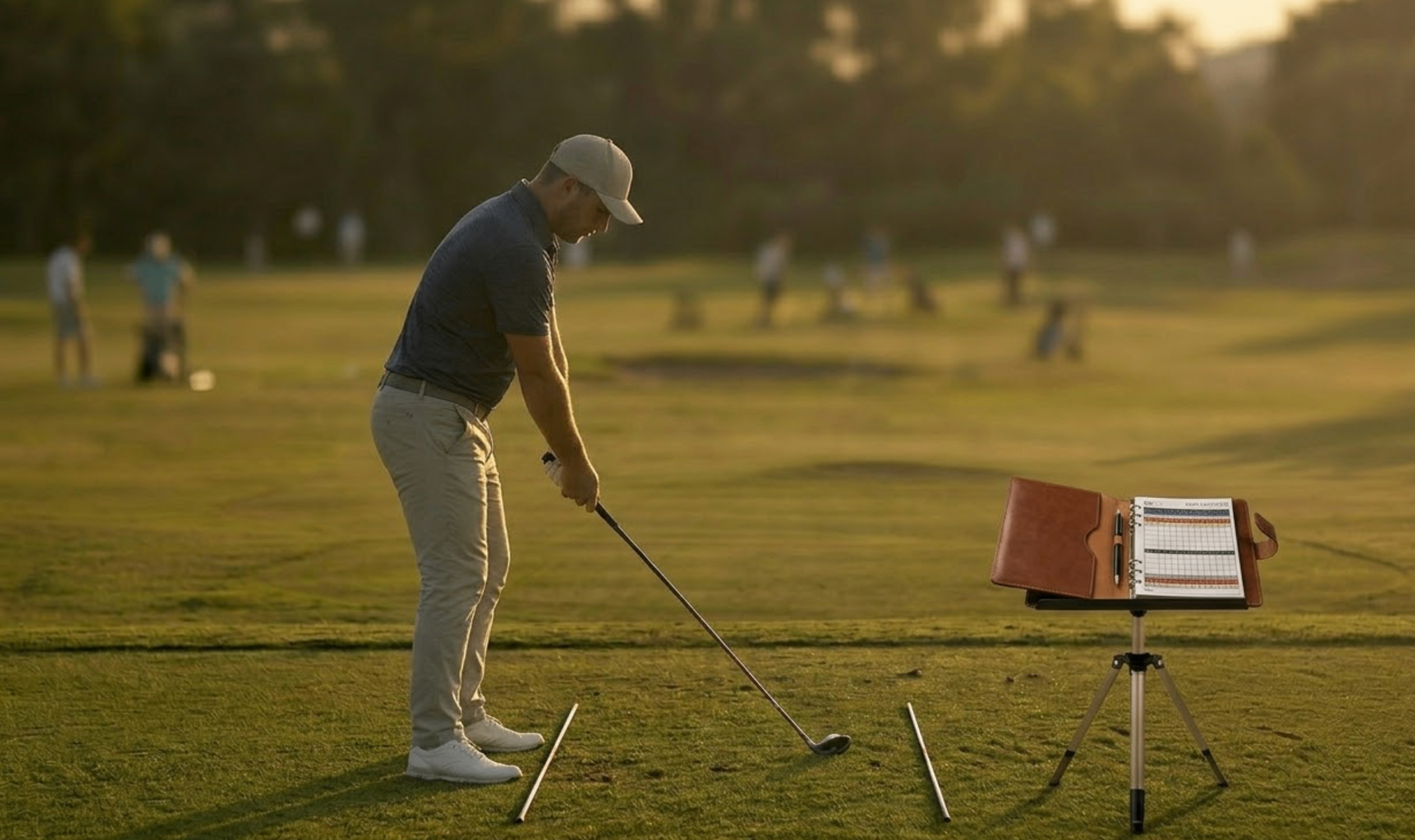 Golfer practicing on range with notebook scorecard and alignment sticks laid down