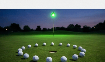 Golf balls arranged around a hole on a putting green