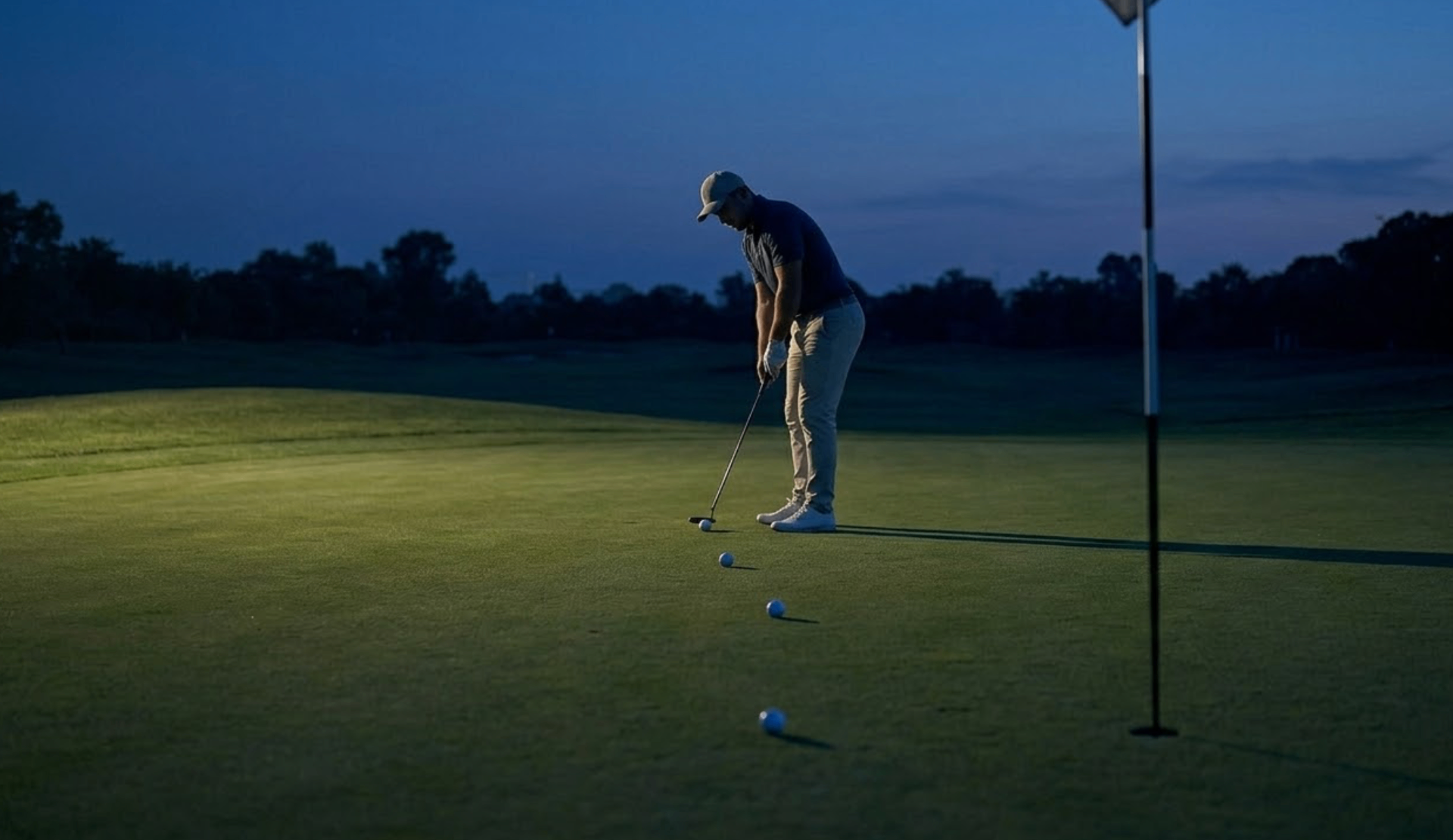 Putting green at dusk with golfer over short putt and balls placed at 3, 6, 9 feet in ladder pattern