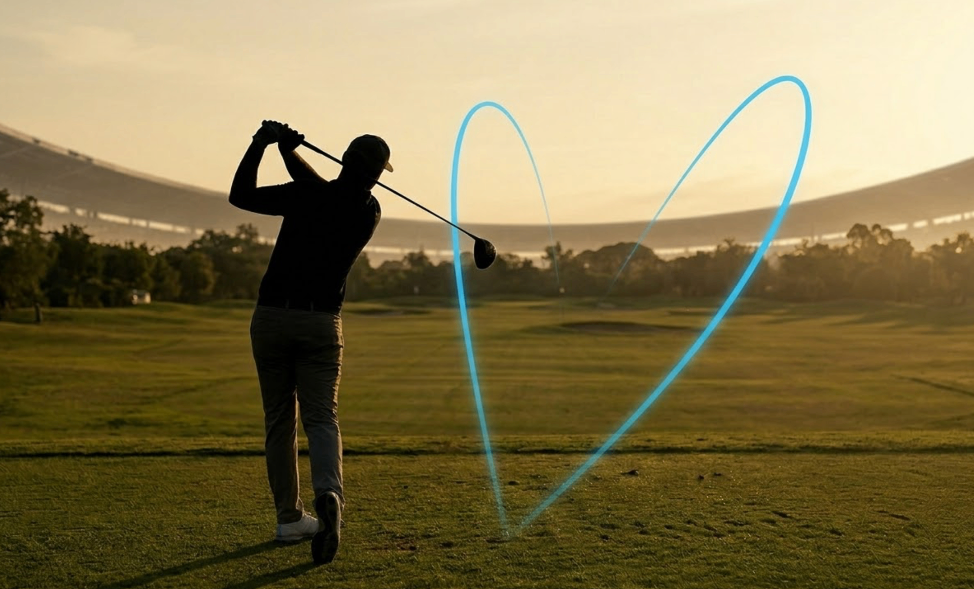 Split-scene showing fade and draw ball-flight arcs with golfer silhouette in follow-through