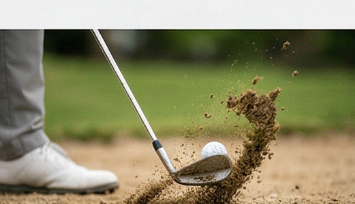 Golfer striking a wedge with turf flying