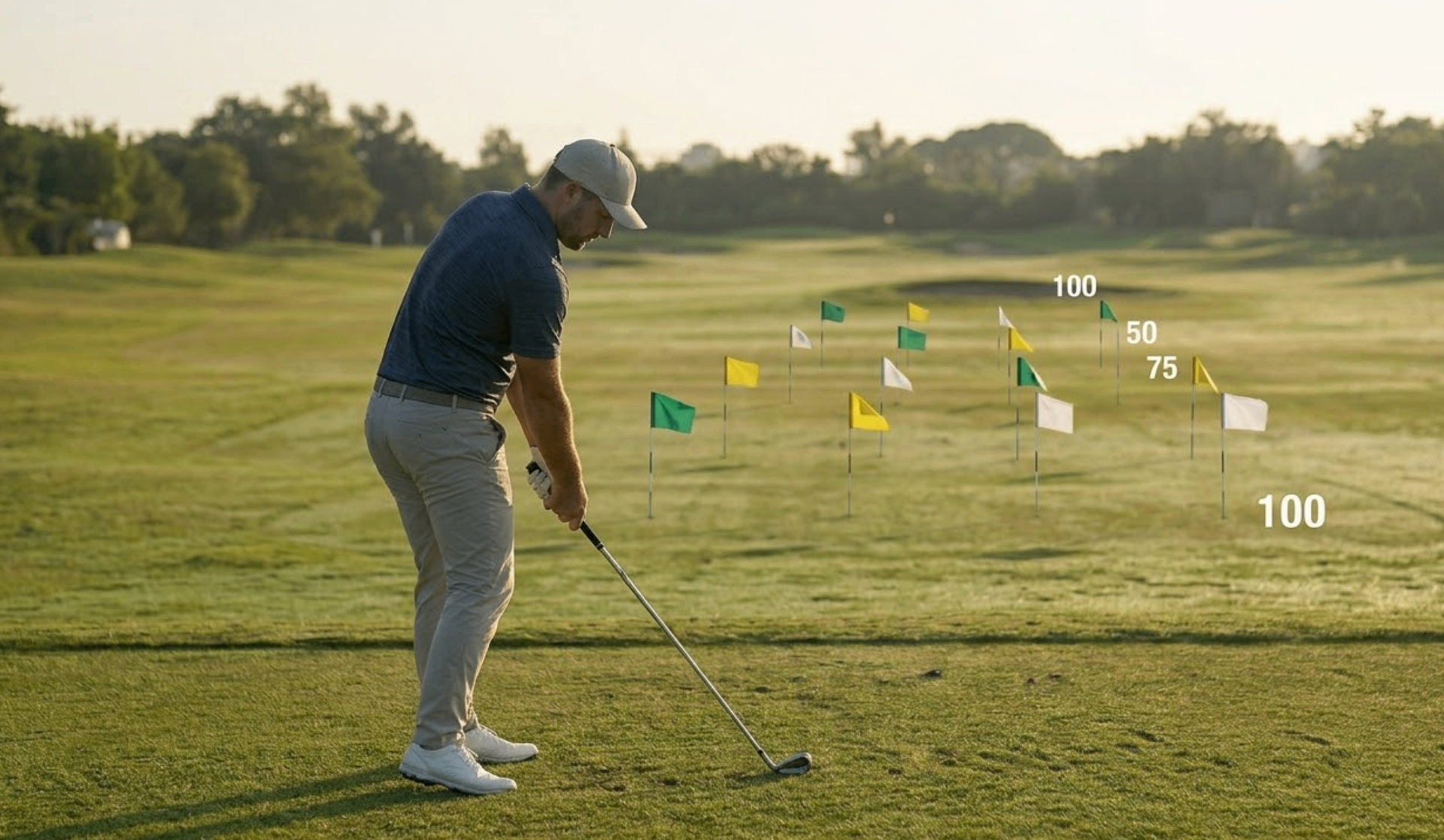 Golfer hitting wedge to colored target flags at different distances on practice area