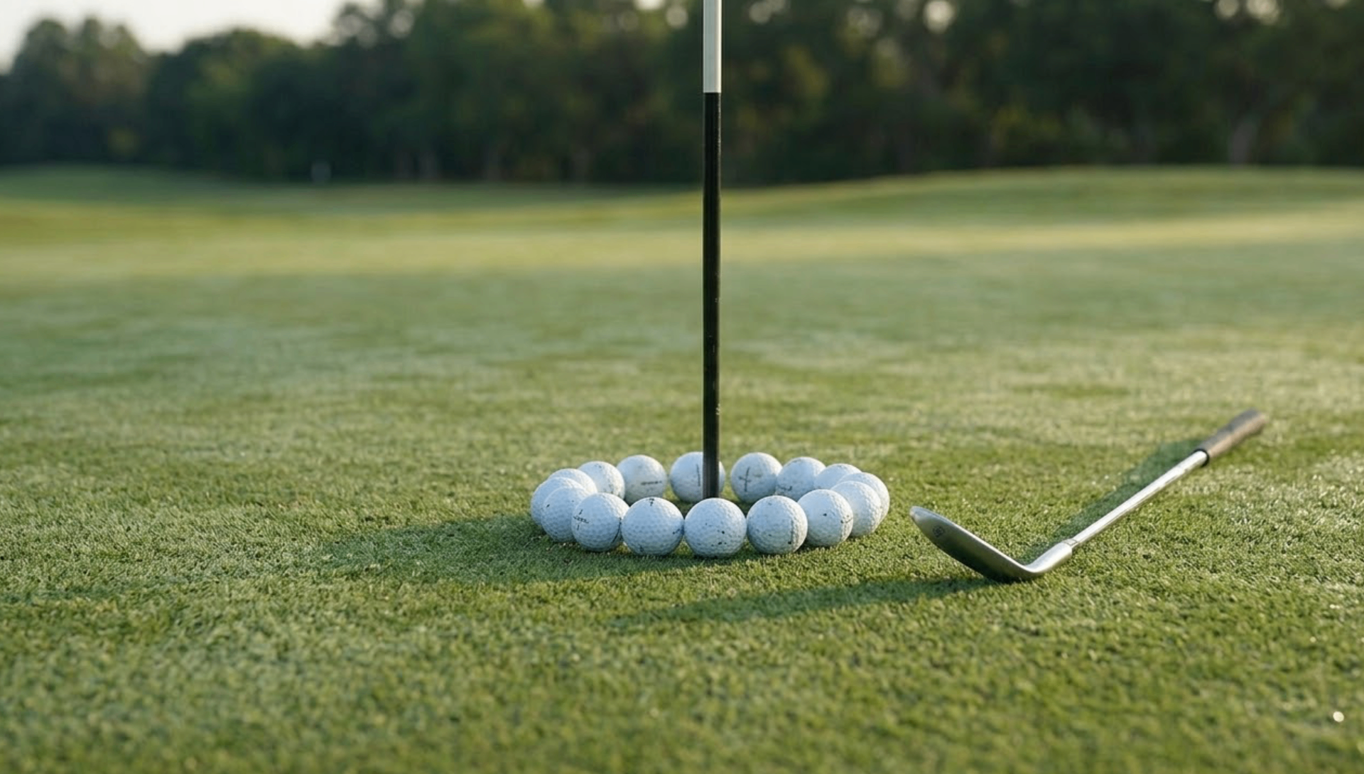 Golf balls clustered around pin on practice green with wedge leaning nearby in morning light