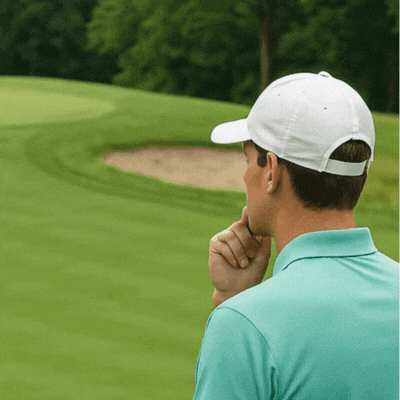 Golf mental routine showing target selection and shot strategy questions