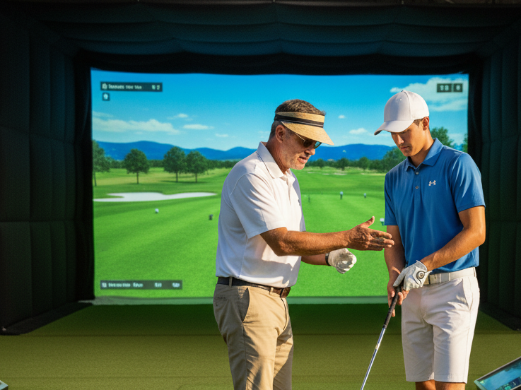 Golf coach working with a student using launch monitor and video in an Austin studio