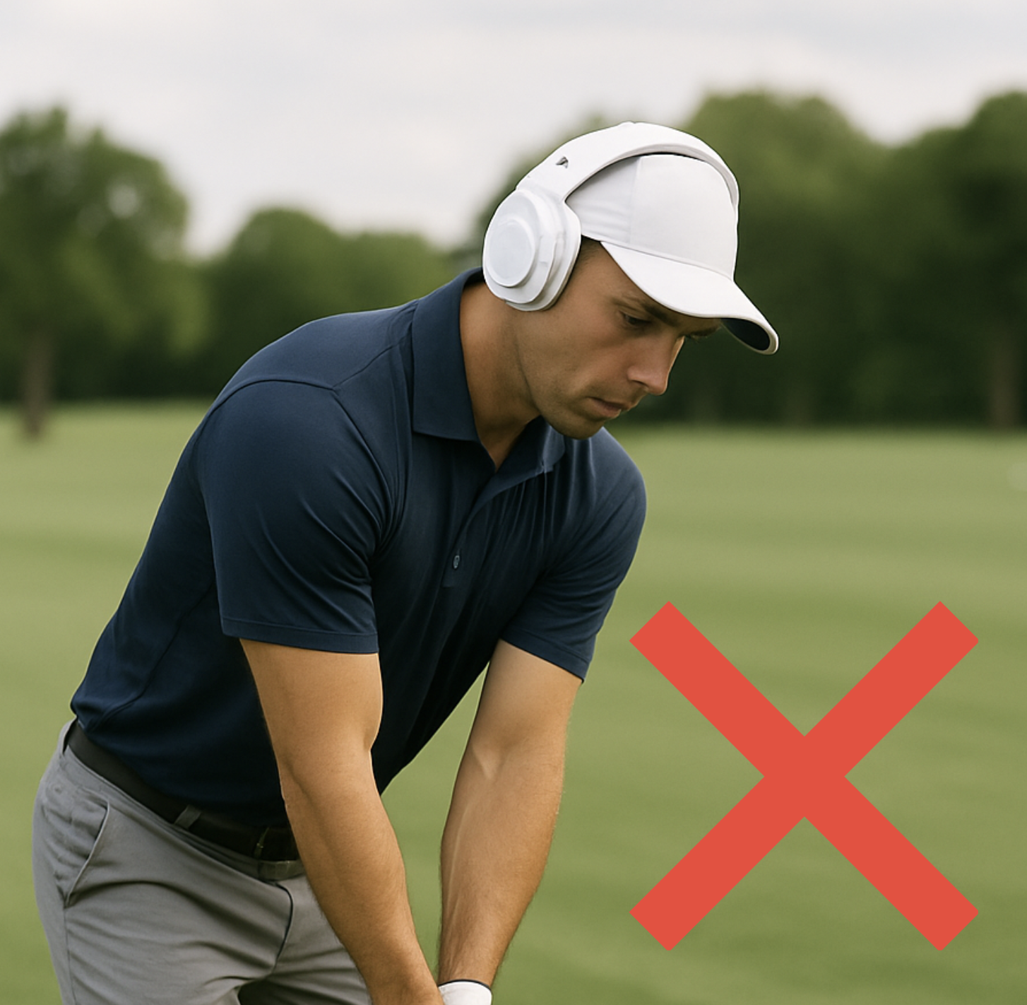 Professional golfer practicing without earphones listening to impact sound feedback
